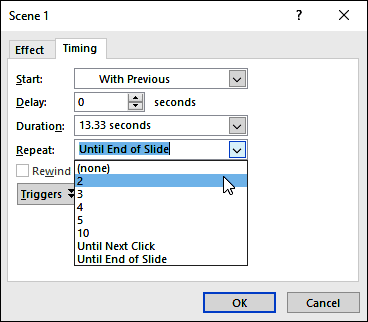 Timing tab of the Scene dialog box